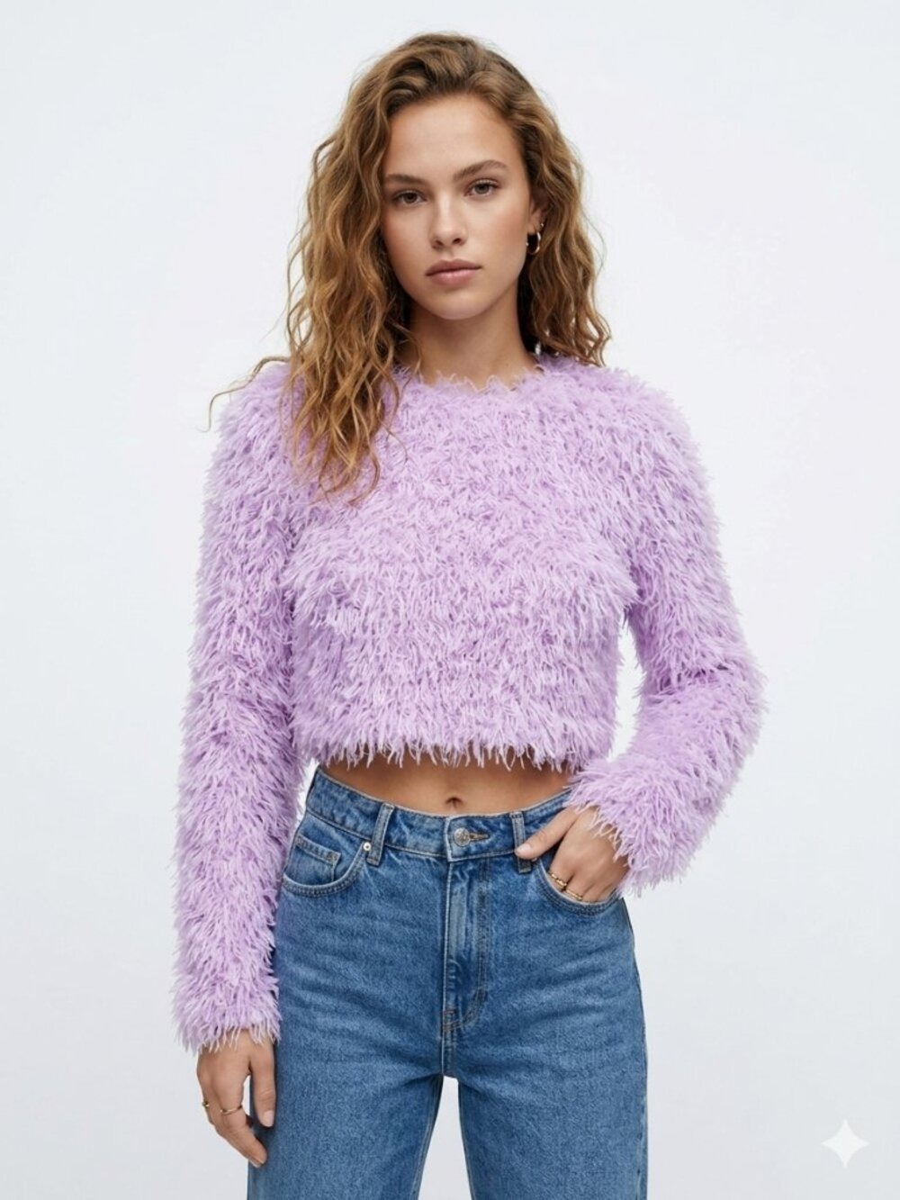 *Zara Lilac Faux Fur Crop Sweater Crewneck Plush Fuzzy Top Cozy Knit S